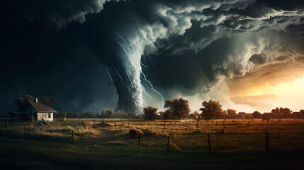 Naklejka na ściany i meble Huge supercell, tornado over farmland