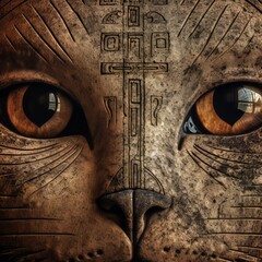 ancient egipt text on  shot of cat god with a universe eyes