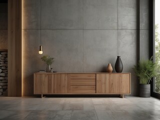 Wooden sideboard in modern living room, concrete wall with wooden paneling