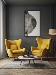 Yellow armchairs and big mock up poster frame on the gray wall