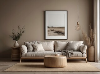 Fototapeta na wymiar Rustic sofa with white cushions next to accent end table against beige wall with empty mock up frame