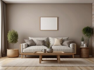 Rustic sofa with white cushions next to accent end table against beige wall with empty mock up frame