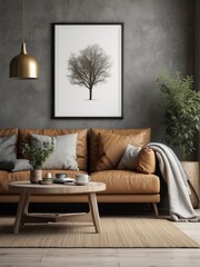 Rustic sofa and coffee table against wall with shelf and frame poster. Scandinavian home interior