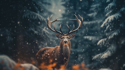 Beautiful deer stag in snow covered Winter forest landscape.