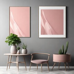 Elegant mock up for product presentation. Interior with with a beautiful framed pink abstract poster and vases with a plant against a gray wall. AI generated.