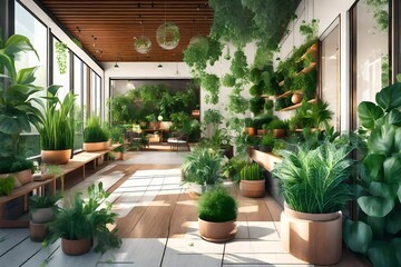 Lots of beautiful green lush indoor plants on the terrace. Decoration and landscaping of the terrace. AI generated.- - obrazy, fototapety, plakaty