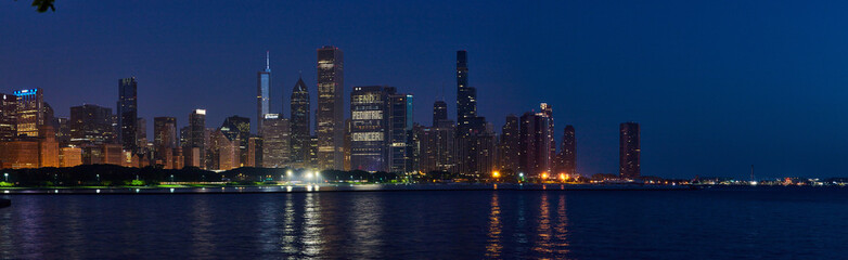 Chicago Skyline at Blue Hour with Lake Michigan Reflection Panorama
