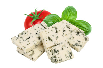 Blue cheese slices isolated on white background with  full depth of field.