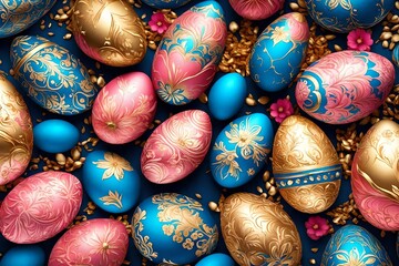 Beautiful colorful composition with richly luxuriously decorated Easter eggs and flowers in blue and pink gold colors. Generated A