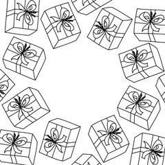Vector. Festive horizontal banner with copy space for text. Hand drawn gift boxes. Fun outline drawing. Background for birthday parties, greeting cards and other typographic and advertising products.