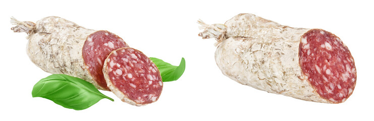 Cured salami sausage isolated on white background. Italian cuisine with full depth of field