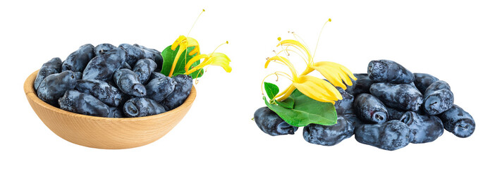 Fresh honeysuckle blue berry in wooden bowl isolated on white background with full depth of field