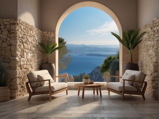 Two armchairs against stone pebble cladding wall. Mediterranean home interior