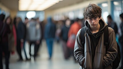 Depressed, sad teenage boy at school - obrazy, fototapety, plakaty