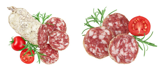 Cured salami sausage slices isolated on white background. Italian cuisine with full depth of field. Top view. Flat lay.
