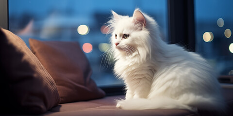 Gato branco dentro de casa deitado no sofá ao entardecer com uma janela desfocada ao fundo - Papel de parede  - obrazy, fototapety, plakaty