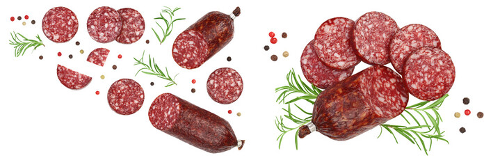 Smoked sausage salami with slices isolated on white background . Top view with copy space for your...