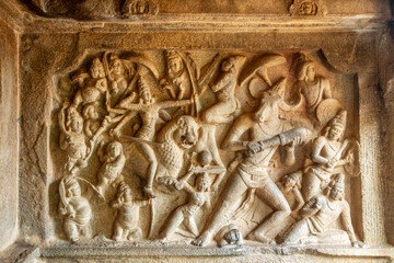 Ishwara cave temple stone ancient carvings, Mahabalipuram, Tondaimandalam region, Tamil Nadu, South...