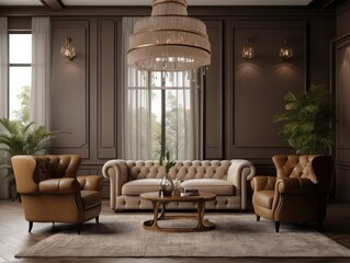 Fototapeta na wymiar Beige tufted chesterfield sofa and brown wing chairs. Art deco interior design