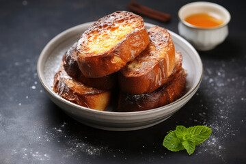 Traditional Spanish torrijas that looks like French toast, Christmas time or Pascua dessert. Served on white bowl with syrup and mint. The bowl placed on dark background with copy space