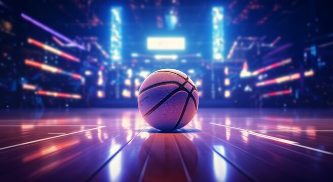 Generative AI image of  a basketball ball sits on an athletic floor