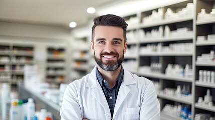 Fototapeta premium Pharmacist in the pharmacy, blurred background