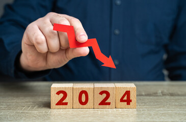 2024 and red arrow down. Forecast for an decrease next year. Fall in profits and orders, economic...