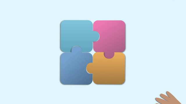 Animated four hands arrange jigsaw puzzle. Problem solving, partnership and teamwork symbol animation