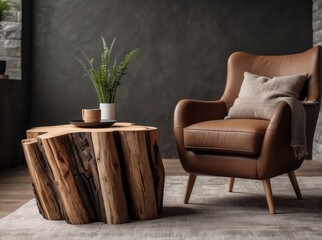 Fototapeta premium Hand-crafted armchair and stump coffee table. Rustic interior design of modern living room