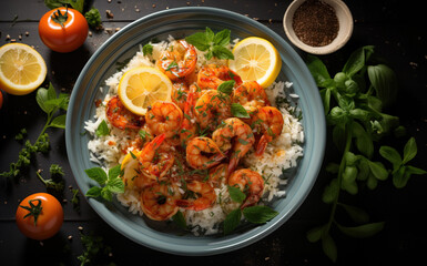 Shrimp in sauce in a bowl with rice stand on black kitchen table on dark background with copy...