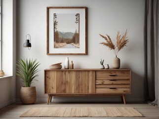 Wooden dresser and empty poster on white wall. Boho interior design of modern living room