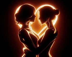 romantic silhouette of a intimate female couple together in love with red heart background - 696604267