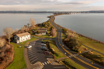 Aerial view of Semiahmoo spit with Drayton Harbor on one side and Semiahmoo Bay on the other....