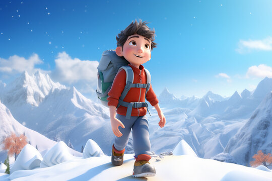A 3D boy cartoon character hiking through snow-covered mountains with a backpack. 8k,