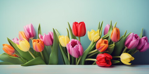 Beautiful spring background, colorful tulips on a blue background - obrazy, fototapety, plakaty