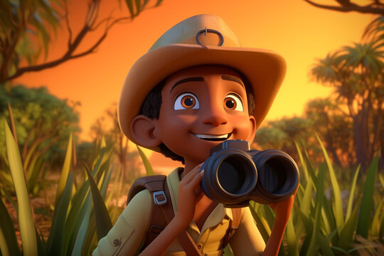 A 3D boy cartoon character observing wildlife through binoculars in an African safari. 8k,