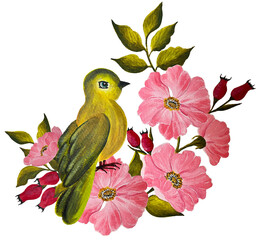 composition of big pink rose-hip flowers and green bird