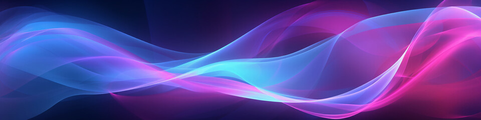 Abstract banner with vibrant waves of blue & purple hues, featuring retro glowing waves.
