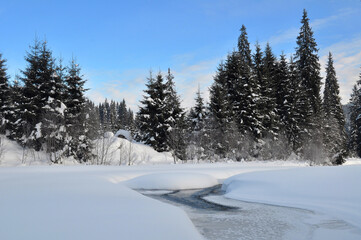 Fototapeta na wymiar Winter landscape. Frozen river near Comandau village, Romania