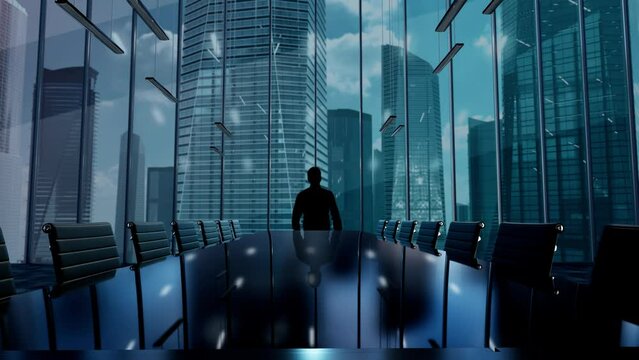 TRON. Businessman Working in Office among Skyscrapers. Hologram Concept