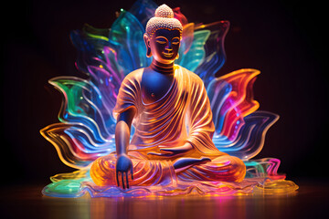 Buddha aus Licht: Mystische Statue des Buddhas in verschiedenen Farben auf schwarzem Hintergrund