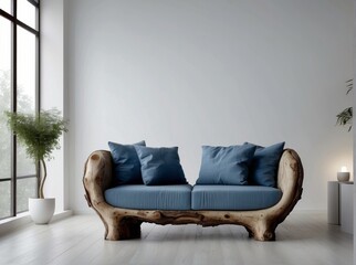 Hand crafted unique blue loveseat sofa made from tree trunk or tree root ball