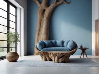Hand crafted unique blue loveseat sofa made from tree trunk or tree root ball