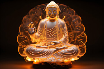 Buddha aus Licht: Mystische Statue des Buddhas in verschiedenen Farben auf schwarzem Hintergrund - obrazy, fototapety, plakaty