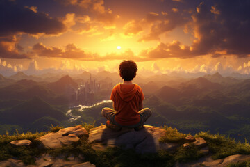A 3D boy cartoon character sitting atop a hill, watching the sunset over a picturesque valley. 8k,