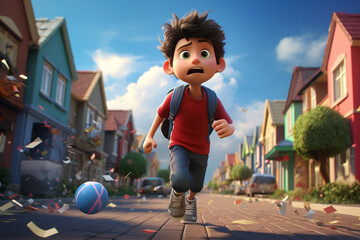 A 3D boy cartoon character wandering in a world where everyday objects are oversized. 8k,