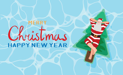 Festive banner for Merry Christmas and Happy New Year with floating Santa Claus on inflatable mattress