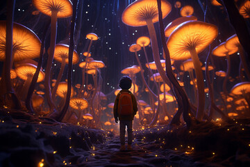 A 3D boy cartoon character wandering through a magical, glowing mushroom forest at night. 8k,