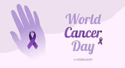 Banner with text WORLD CANCER DAY, hand and violet ribbon