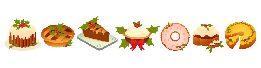 Collage of tasty Christmas cakes on white background